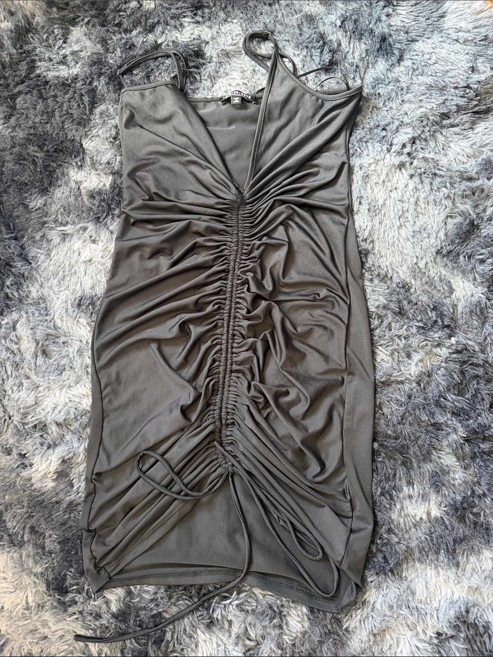 Fashion Nova Black Ruched Mini Dress with Adjustable Center Tie
